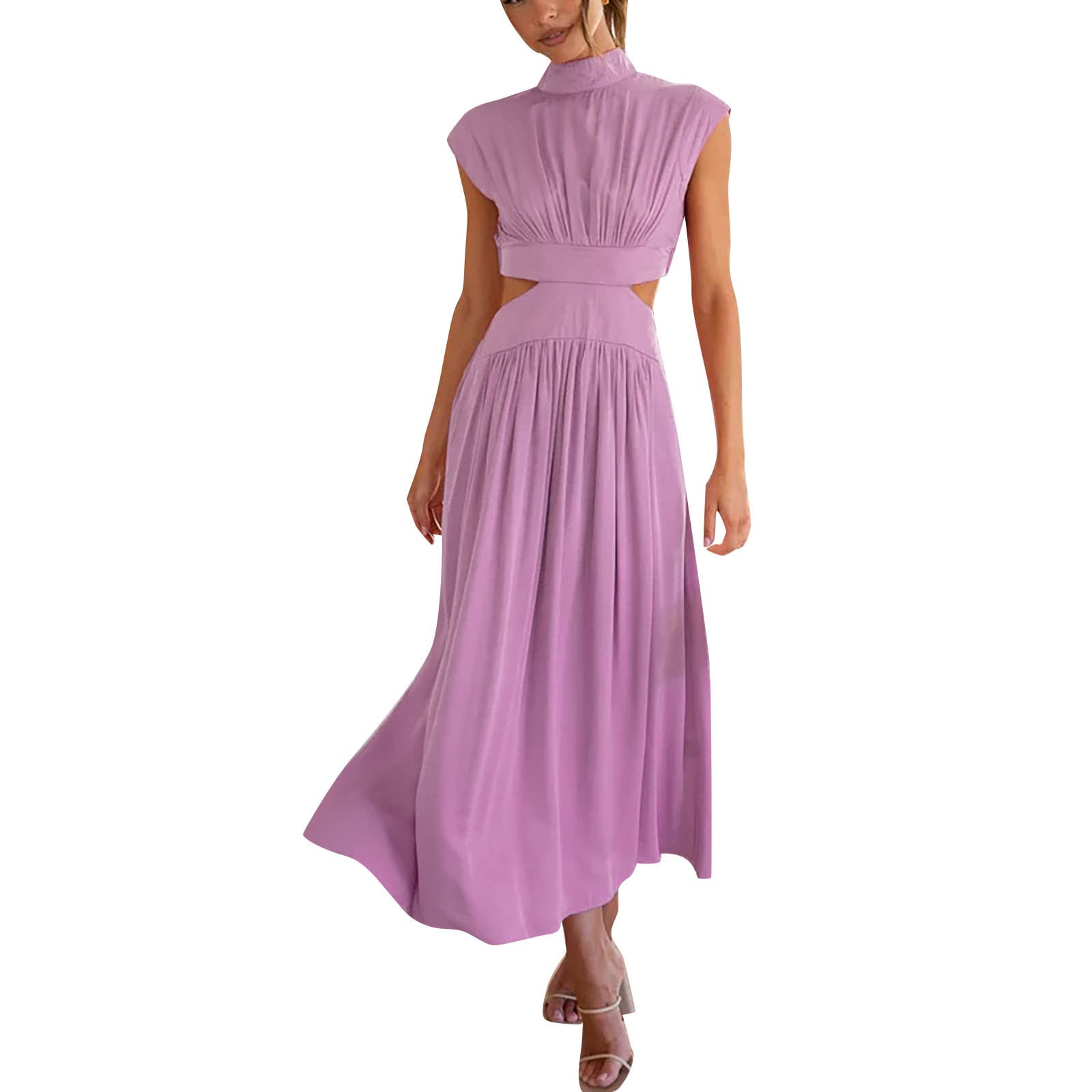 QUNERY Abiti Estivi Donna Scollo a V Senza Maniche Vestito Corto Elegante Vita Alta A Line Abito Azzurro Chiaro S