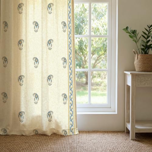 Image of Urban Space 100% Cotton Floral Curtains 7 feet Long Set of 2, 60-65% Room Darkening, Decorative Curtains with Eyelets /Rings for Hanging, Tieback Included (Jaipur Paisley Teal, Door - 7 Feet)