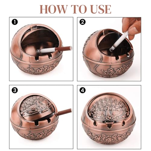 Image of HASTHIP Peacock Ashtray Retro Zinc Alloy Ashtray with Closing Lid Decorative Embossing Peacock Ashtry with 3 Cigarette Holder Grooves Home Gift Car Ashtry, 10x10x9cm