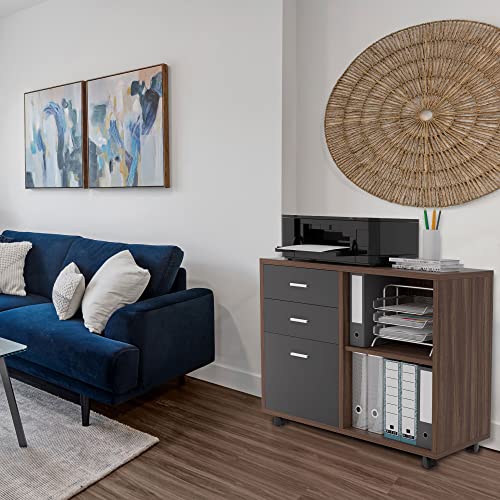 Kevinspace 3 Drawer Office File Cabinet, Wood Mobile Lateral Filing Cabinet Printer Stand With Open Storage Shelf, Rolling File Cabinet On Wheels For Home Office, Walnut&Dark Grey #TOP5