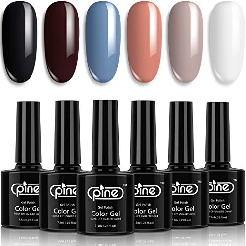 Pine Gel Nail Polish Set Purplish Black White Beige Coral Dusty Blue Dark Brown 6 Colors Soak Off UV LED Cured 7.5 ml For Gel Manicure