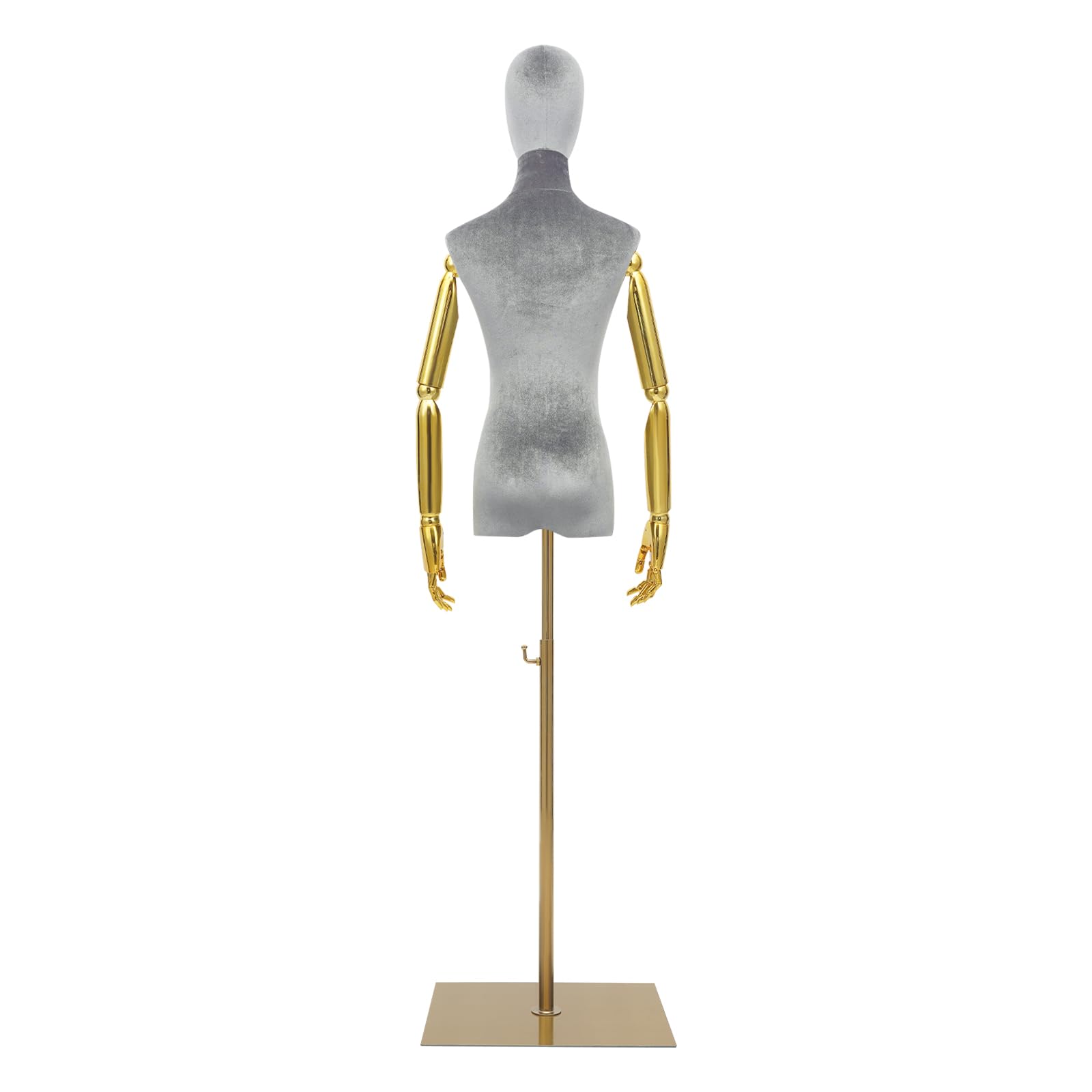 Manichino da donna con braccia mobili, in velluto, regolabile in altezza, 150-200 cm, manichino da donna con base dorata, per abiti da sposa e boutique, manichino grigio, oro