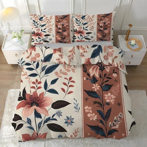 Funda Nordica Cama 105 Ramas De Flores, Ropa de Cama Lirio 3 Piezas - Funda Edredon 200x200 Flores Retro de Microfibra Suave con 2 Fundas de Almohada 50x75 cm, con Cremallera Y-215