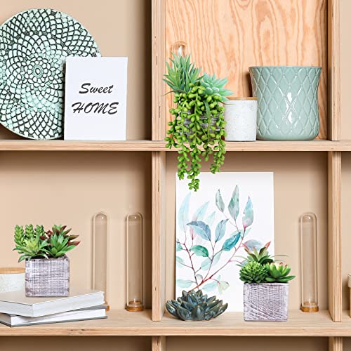Set Of 3 Small Potted Succulents Plants Arrangement Decoration Assorted Green Fake Succulents Plants In Rustic Wooden Pots For Home Living Room Bathroom Table Windowsill Shelf Office Desk Indoor Decor #TOP7