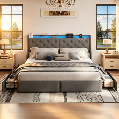 Image of Upholstered King Size Bed Frame with 4 Storage Drawers and LED Lights