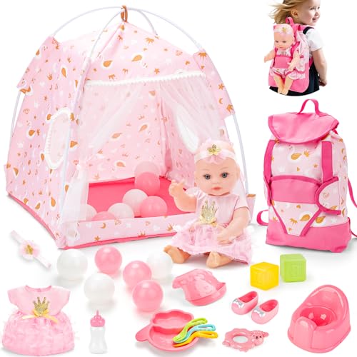 deAO Puppen Campingzelt Spielset für Kinder, Babypuppen-Set mit 30cm Babypuppe, Aufbewahrungsrucksack, Puppenkleidung, Zelte und Zubehör, Rollenspielset Geburtstagsgeschenk für Mädchen ab 3 Jahr