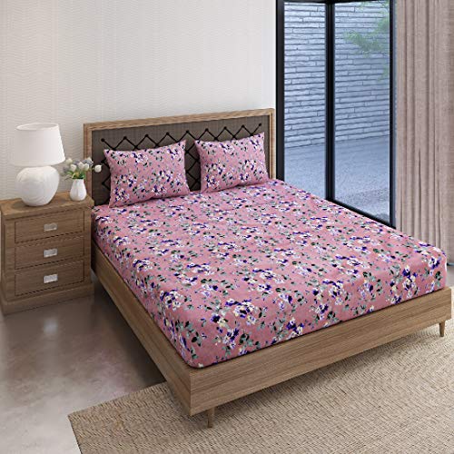 Image of Swayam Pure Cotton Double Bedsheet with 2 Pillow Covers | Size 90 x 100 inch | 160 TC | Floral Design | Soft Breathable Bed Sheet | Comfortable & Durable for Bedroom - Peach