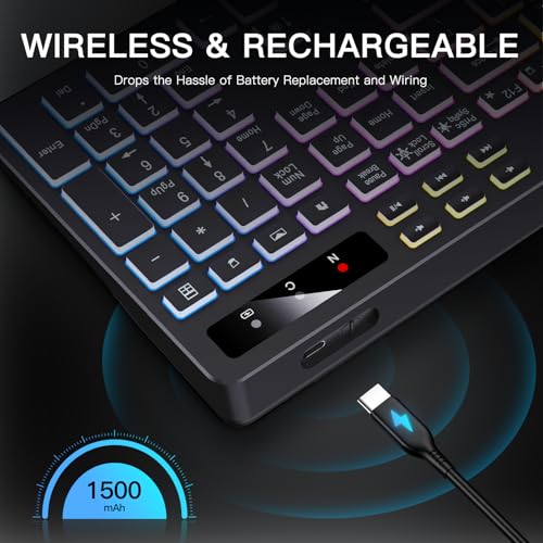 Image of Soueto Wireless Keyboard with 7-Color RGB Backlit, Full-Size Computer Keyboard with Phone Tablet Holder, 2.4G Rechargeable Gaming Keyboard with Light Up Keys, Compatible with Mac, Windows (Black)