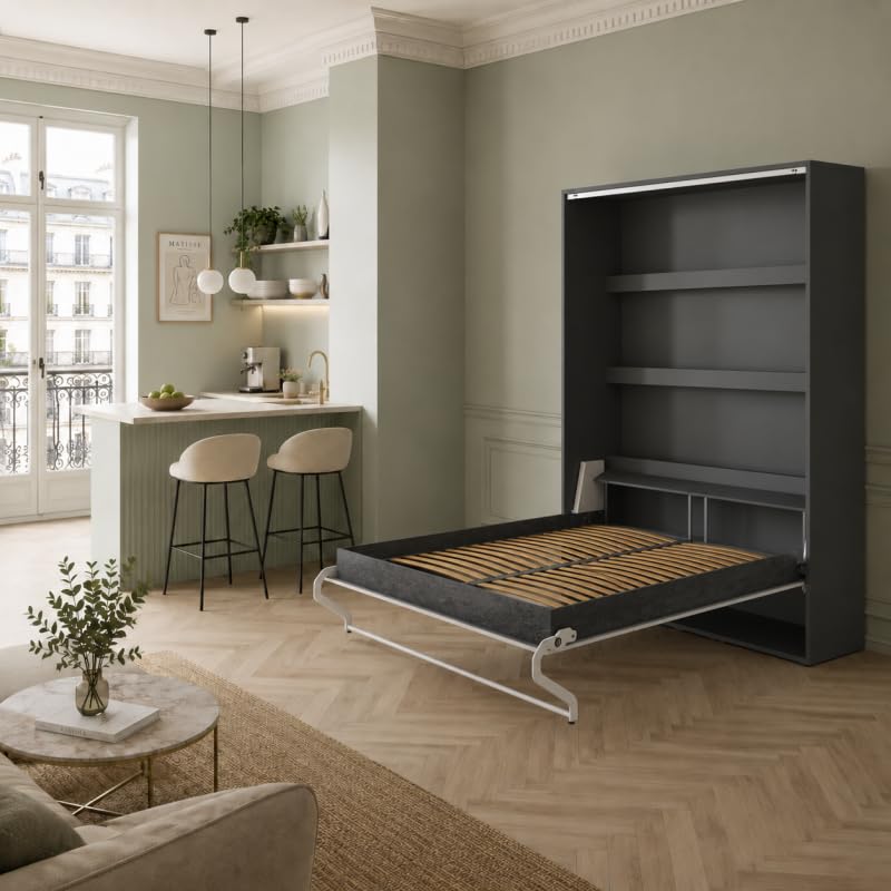 BB Loisir Lit Armoire 160x200cm Lit escamotable M3 Lit Mural Anthracite-Gris Perle