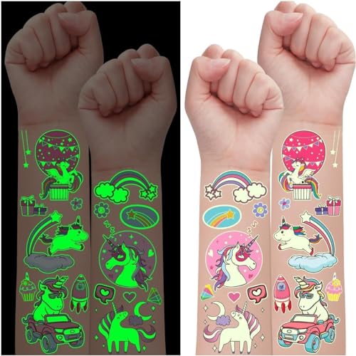 Leesgel 30 folhas de tatuagens temporárias luminosas de unicórnios para crianças, adesivos de unicórnios, suprimentos para decoração de aniversário, brinquedos para encher sacolas de festa
