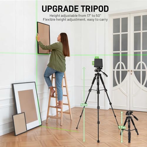 Image of Laser Level 360 Self Leveling with 50 inch Tripod, Huepar 3x360 High Brightness Green Laser Leveler Tool for Construction, Tile and Picture Hanging, 5200 mAh Li-ion Battery & 2 Portable Bag Included