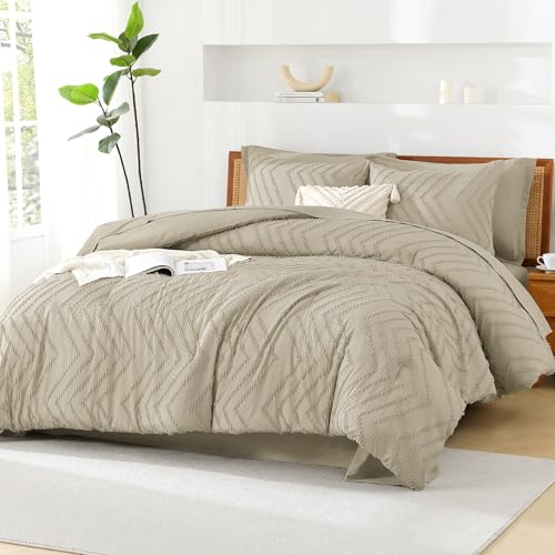 Image of Litanika Light Hazel Queen Size Comforter Set with Sheets - 7 Pieces Bed in a Bag Queen Boho Tufted Complete Bedding Sets with Comforter, Sheets, Pillowcases & Shams