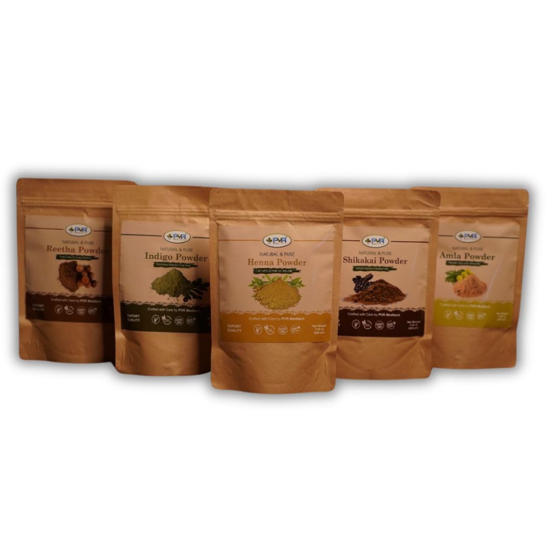 PVR Meditech Herbal Hair Care Powder Combo | Pack of 5 – Heena, Amla, Reetha, Shikakai & Indigo | 100% Pure & Natural for Hair Strengthening, Coloring & Cleansing | 200g Each (Total 1kg)-image-39