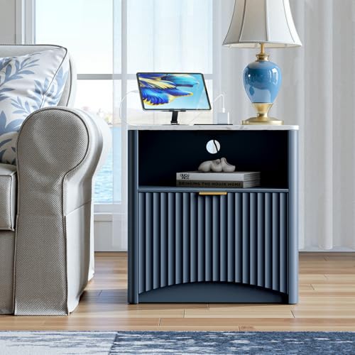 Image of Evermagin Fluted Nightstand with Charging Station, Navy Blue Bedside Table with Drawer and Storage, Wood End Table Mid Century Modern, Large Night Stand for Bedroom