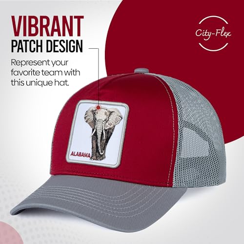 City-Flex Alabama College Fan Patch Trucker Hat - Netted Snapback Baseball Cap with Collage Team Design for Men & Women (Red/Grey - Elephant)