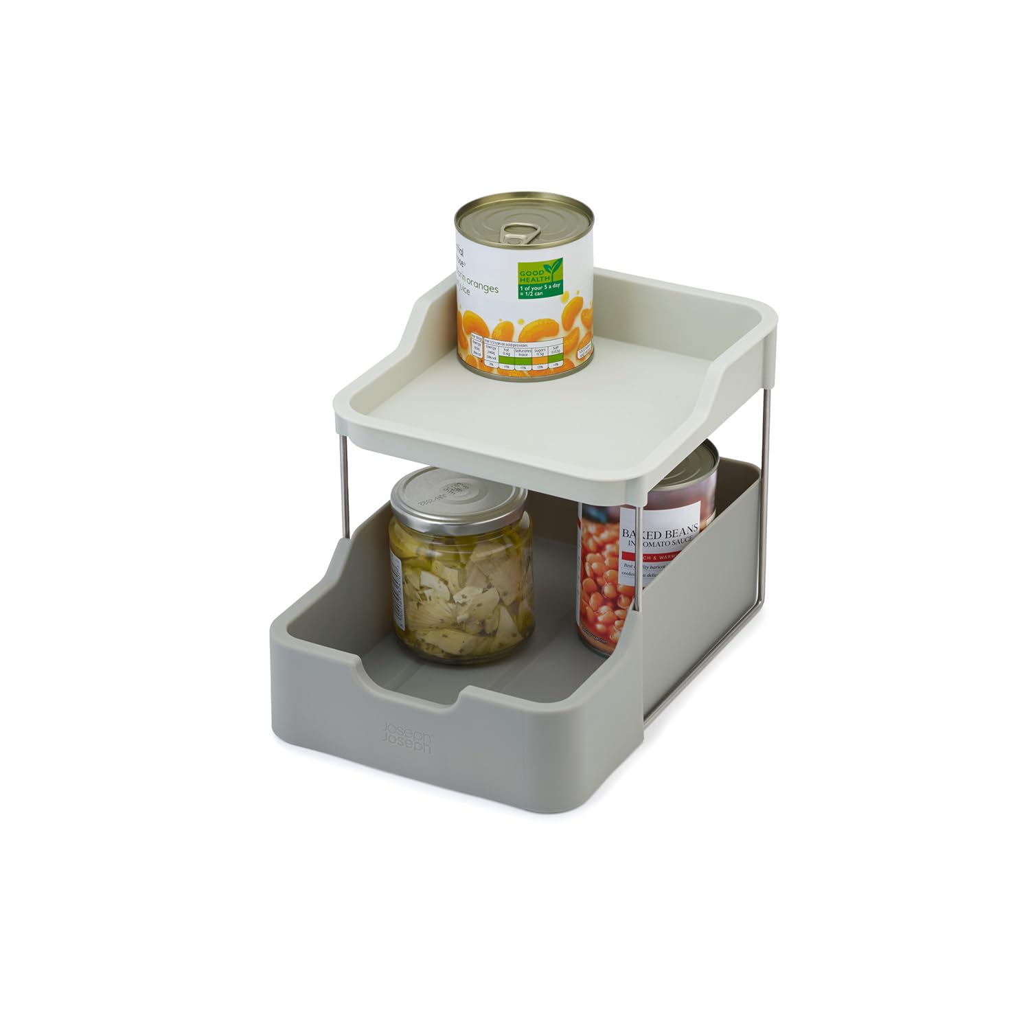 Joseph Joseph Duo 2-tier Cupboard Organiser with Drawer, Kitchen and Storage Organiser for Spices, Packets and Cans, Grey