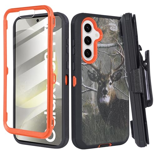 Jackpot Wireless Designed for Samsung Galaxy S24 FE Case with Belt Clip Holster, Built-in Screen Protector, Anti-Drop, Shockproof, with Kickstand, Heavy Duty Protection (Deer)