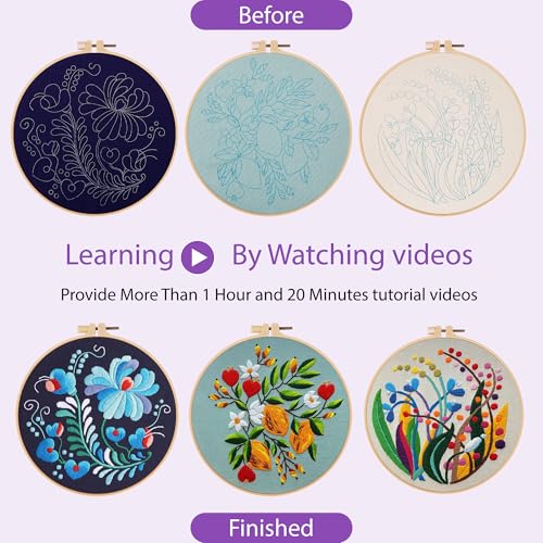 Image of Uniartfy 3 Pack Embroidery Starter Kit for Beginners, Stamped Cross Stitch Kits for Adults with Flowers Plants and Fruits Patterns with 1 Embroidery Hoop and Color Threads, Handmade Needlepoint Kits