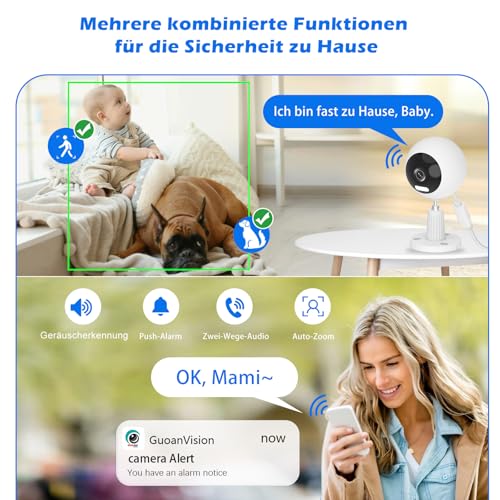 GUOANVISION 5G 3MP Kamera Überwachung Aussen/Innen, Überwachungskamera Aussen WLAN Camera Indoor/Outdoor, Babyphone mit App, Hundekamera, IP66 Wasserdicht, 2-Wege-Audio, Auto-Zoom, SD &Cloud-Speicher