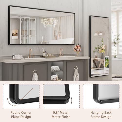 New Upgrade Bathroom Mirror, 72X32 Inch Black Metal Frame Wall Mounted Rounded Rectangle Bathroom Vanity Mirror with Tempered Glass for Washroom Bedroom Living Room