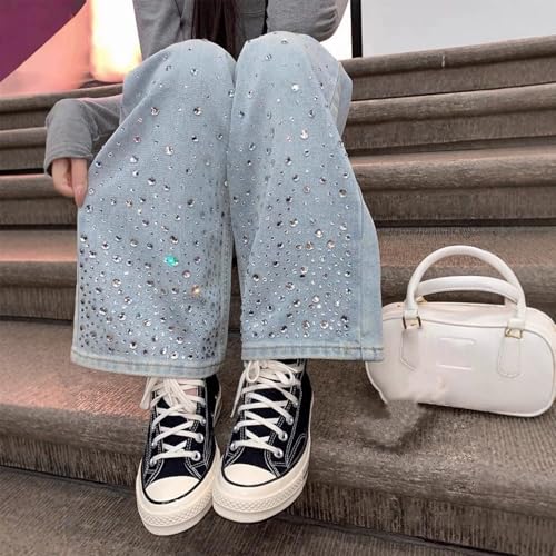 Rhinestone Jeans Men Shiny Y2k Baggy Jeans Men Parachute Washed Wide Leg Denim Pants Streetwear3