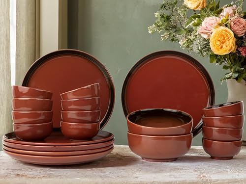 Image of Bodhi House Handcrafted Chip Resistant Porcelain Dinner Set, 20 Pieces Dish Set Serving for 6, Microwave and Dishwasher Safe, Bone-ash Free, Crockery Set for Dining and Gifting, Deep Red