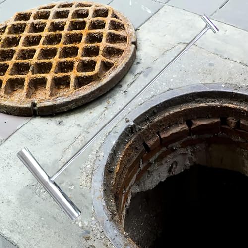 ZIMGOD Silver T Style Manhole Lifting Single Hook, Metal Puller Tool for Pulling Cargo/Removing Covers, Outdoor Multipurpose Storm Drain Cover Key(73.5cm (29