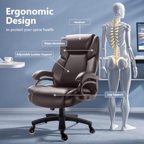 Image of Waleaf 500lbs Big and Tall Office Chair, Heavy Duty Chair for Heavy People, Adjustable Ergonomic Lumbar Support Executive Chair, Large High Back and Quiet Rubber Wheels, Brown