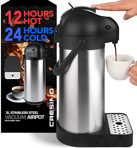 Coffee Carafe with Pump - 102oz / 3L Airpot 12 Hours Large Carafe Hot Cocoa Dispenser for Parties-Hot Water Dispenser, Tea Flask-Insulated Stainless Steel Hot Beverage Dispenser-Thermal Carafe Air Pot