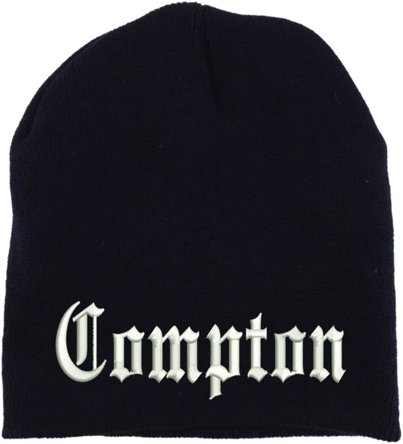 Trendy Apparel Shop Compton City Old English Embroidered Made in USA Short Acrylic Knit Winter Beanie Hat