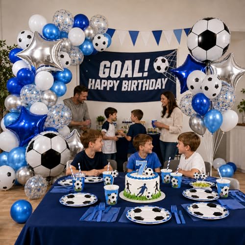 Image of Soccer Balloons, Metallic Blue Silver Balloons, Sport Theme Party Balloons
