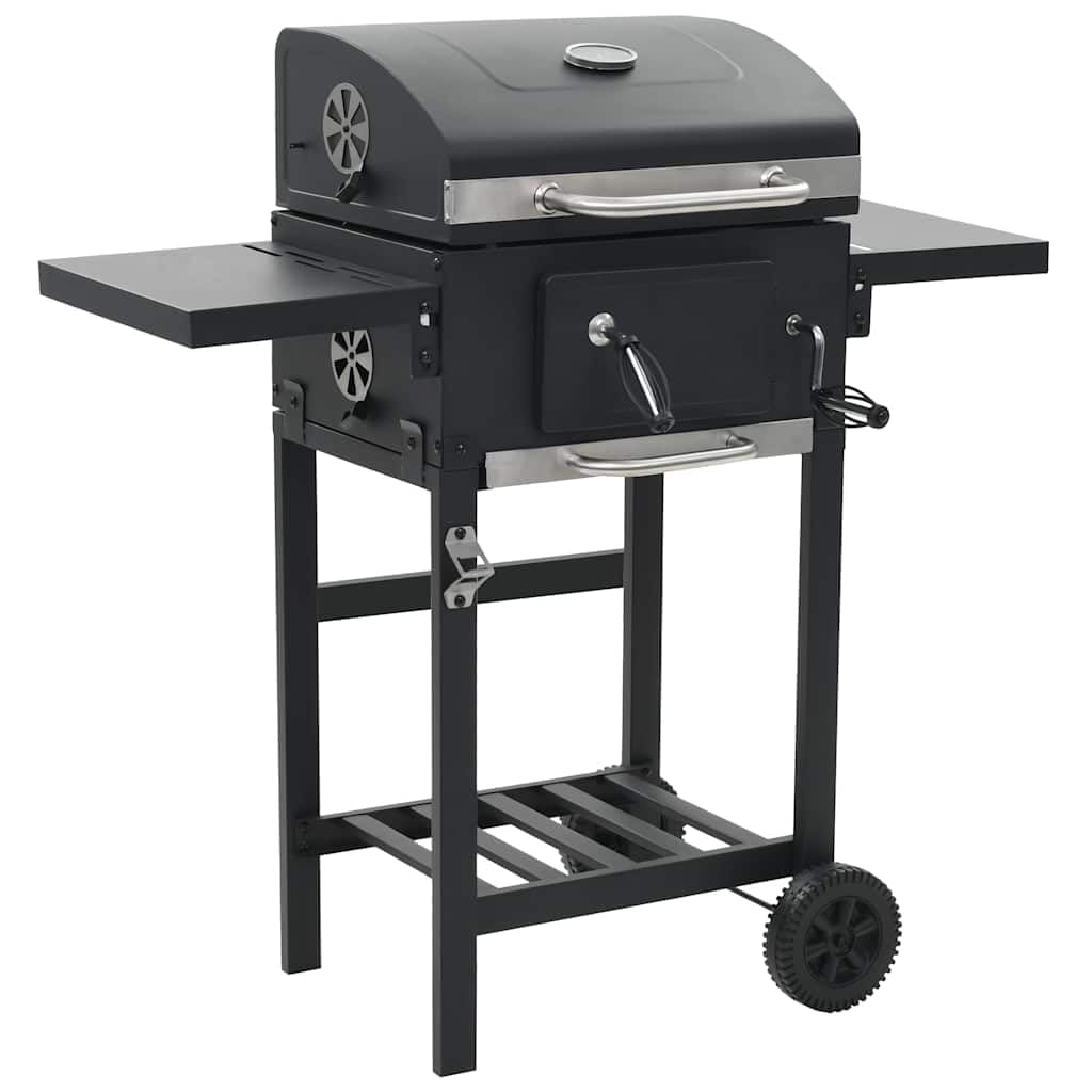 Forno per pizza 3 in 1 per esterni e barbecue a carbonella con pietra per pizza, barbecue per giardino e terrazza, con termometro, ripiani pieghevoli e ruote, nero