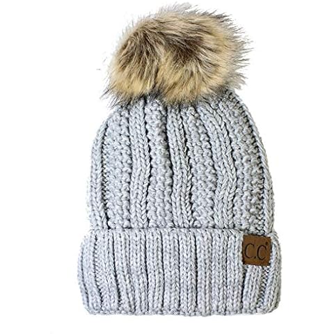 NioBe Clothing Womens Thick Faux Fur Pom Fleece Lined Fuzzy Beanie (Light Grey Mix) Cover