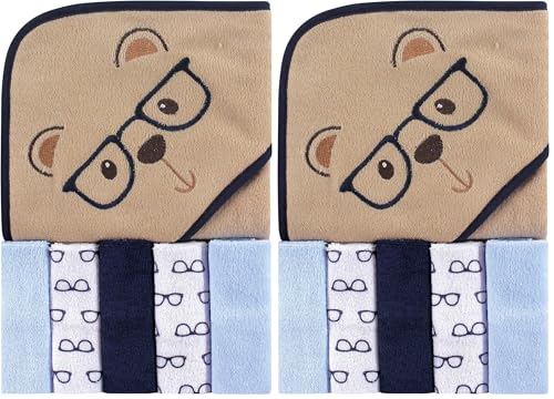 Image of Luvable Friends Unisex Baby Hooded Towel with Five Washcloths, Smart Bear, One Size (Pack of 2)