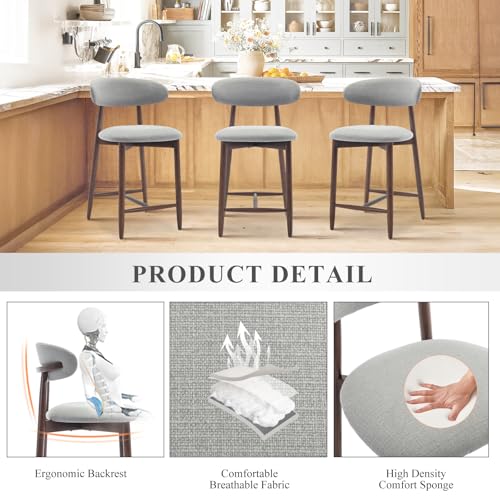Image of Upholstered Counter Height Bar Stools, Kitchen Island Stools with Back, Modern Counter Stools Chairs with Wood Legs for Kitchen Island Dining Room, Light Grey