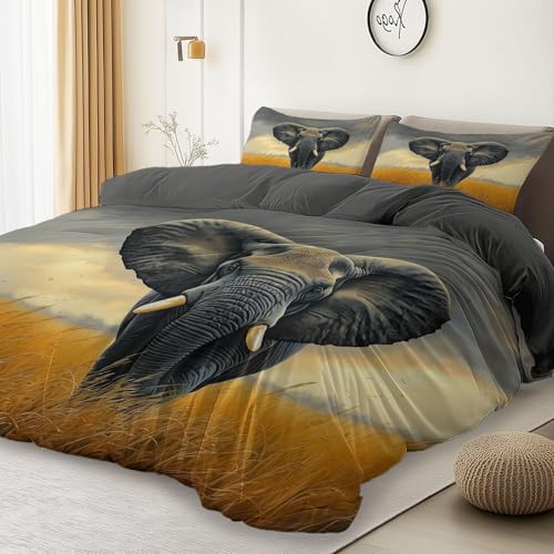Single Size Easy Care Duvet Cover Sets, African Grassland Majestic Elephant Printed...