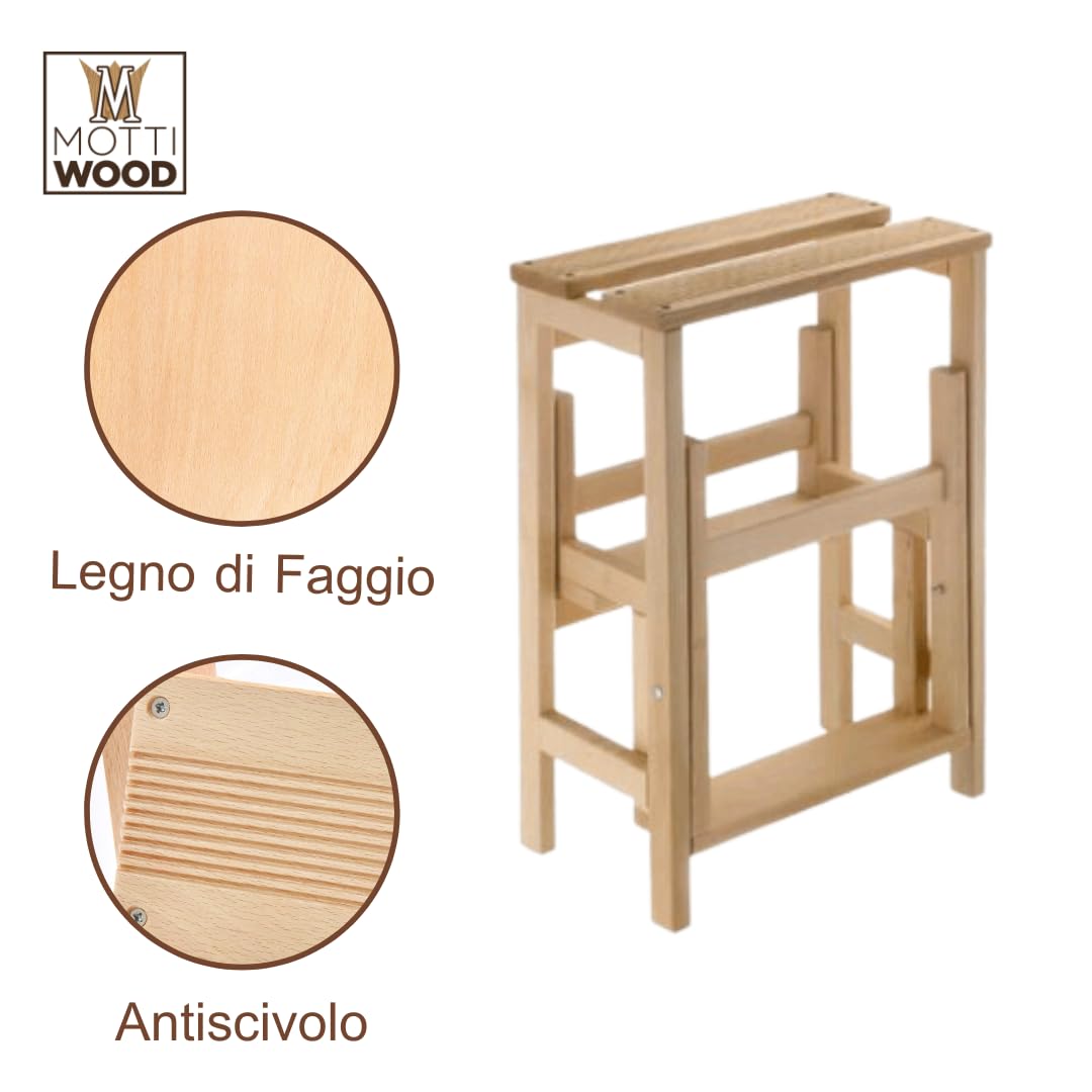 Sgabello scala in legno di faggio naturale richiudibile salvaspazio - scaletta 3 gradini a ribalta