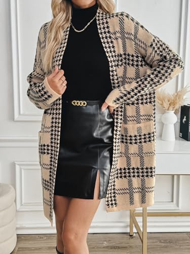 Womens Oversized Thick Houndstooth Pocket Long Cardigan Fall 2024 Ladies Dressy Casual Open Front Sweater Coats2
