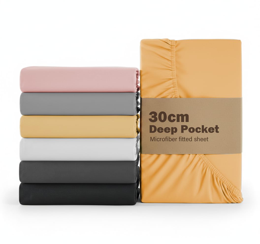 Rehan & Co Double Fitted Sheet Ochre Deep Pocket 12 Inch (30 Cm) Bed Sheets Super Soft 100% Brushed Microfiber Deep Fitted Sheets (137x190cm)