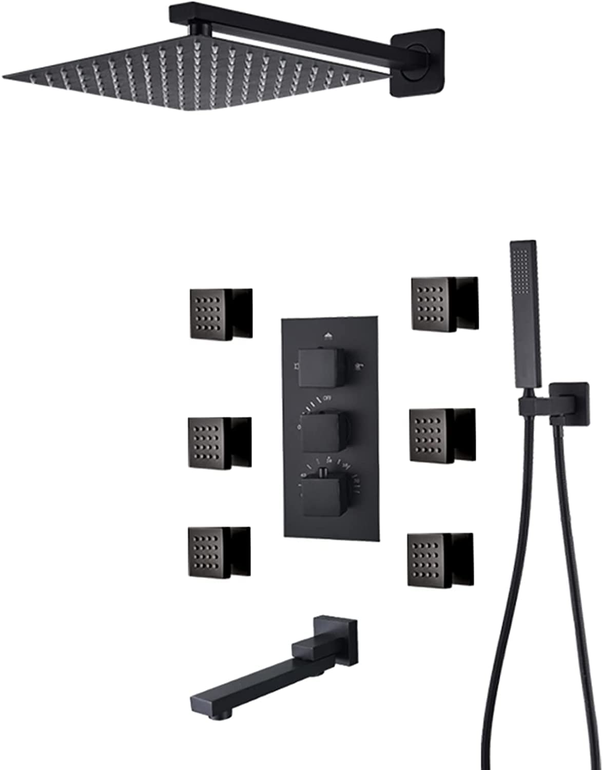 AYCDL Shower System Thermostatic Concealed Shower Faucet Set Wall Mounted Matte Black Anti Scald Shower Combo Set with 6 Body Sprays with Hand Shower and Waterfall Ra,size_name-12 Inch