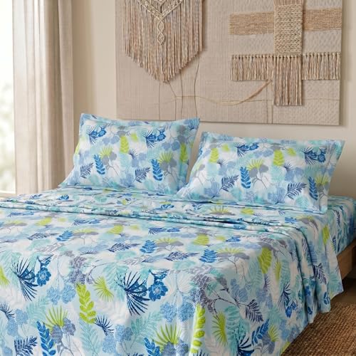 Image of LANE LINEN Symphony | 100% Cotton Sheet Set | Soft & Breathable Fabric | 3 Piece (1 Bedsheet + 2 Pillow Covers) | Double Bed Sheet Set - Pacific Blue Leaf Print