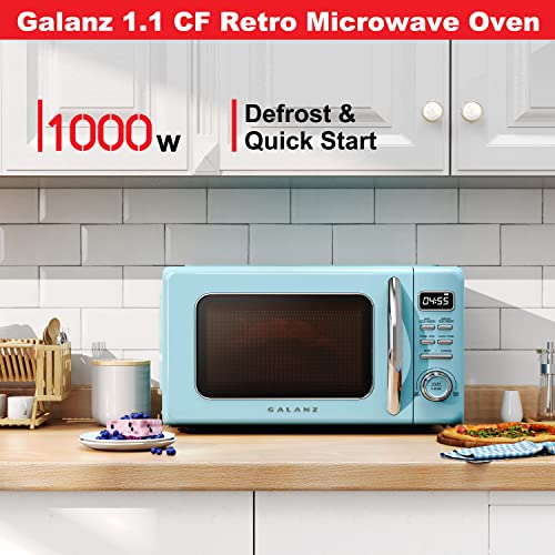 Image of Galanz GLCMKZ11BER10 Retro Countertop Microwave Oven with Auto Cook & Reheat, Defrost, Quick Start Functions, Easy Clean with Glass Turntable, Pull Handle, 1.1 cu ft, Blue