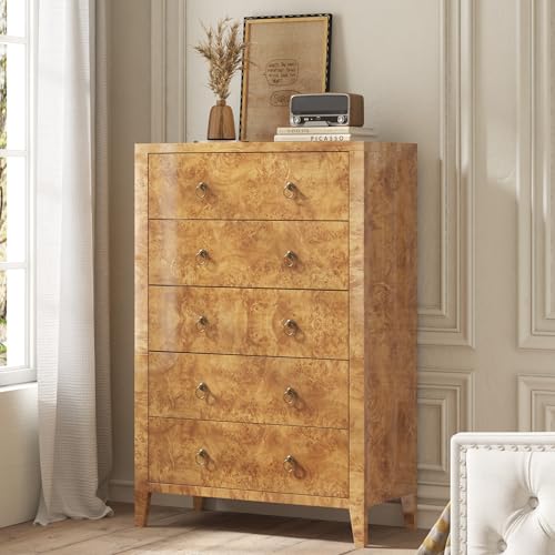 Image of AMERLIFE 49 inch Tall 5-Drawer Dresser, Mid-Century Modern High Gloss Burl Wood Finish Chest of Drawers with Anti-Tip Kit, Vertical Storage Cabinet for Bedroom, Closet, Living Room, Entryway, Yellow