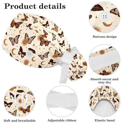 Image of Butterfly Scrub Cap Women with Ponytail & Buttons Adjustable Surgical Nurse Hat with Cotton Sweatband for Long Hair