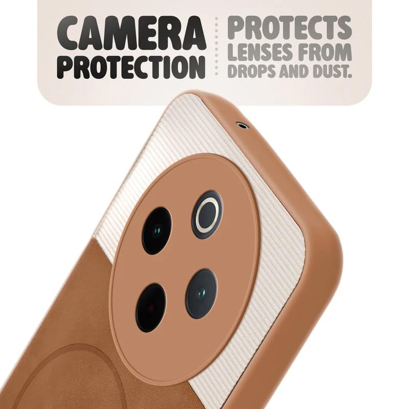 Image of Bintage case Dual-Leather Macc-Safe Design Phone Case| Soft Touch Finish | Full Camera Protectection Back Cover Compatible for IQOO I2407 / Z10 5G /Vivo T4 5G - White & Nut Brown