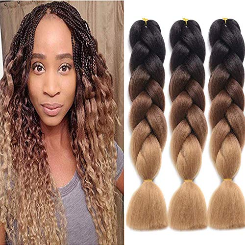 NATURAL BEAUTY 3Pcs 100g/Pcs Synthetic Fiber Braiding Hair Bundles Kanekalon Hair Ombre Twist Braid Hair Fiber Jumbo Hair Extensions 24inch(Black-Dark Brown-Light Brown)
