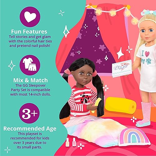 Glitter Girls – Sleepover Party & Backpack Set – Tie-Dye Sleeping Bag, Rainbow Pillow & Pizza Play Food – 14-inch Doll Accessories for Kids Ages 3 and Up – Children’s Toys