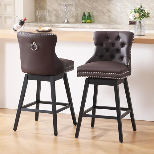 Image of Counter Height Bar Stools, Faux Leather 360 Swivel Bar Stools with Back, Upholstered Tufted Counter Height Chairs, Solid Wood Legs, (Brown, 26 inch H Seat, Set of 2)