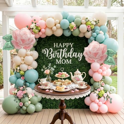 pastel pink and green flower Balloon Arch Kit with Large Foil Flower Balloons for Mothers Day Party Princess Theme Birthday & Womens Day leaves Decor