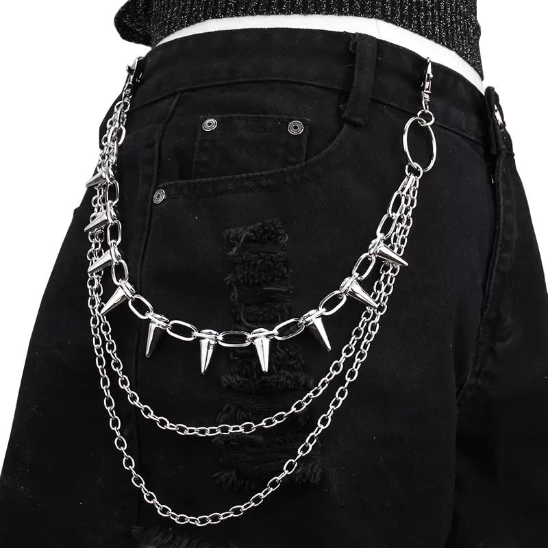 Triple Layer Punk Chain for Pants, Metal Spike Studded Wallet Chain with Clips, Gothic Style Hip Hop Chain for Men Women4